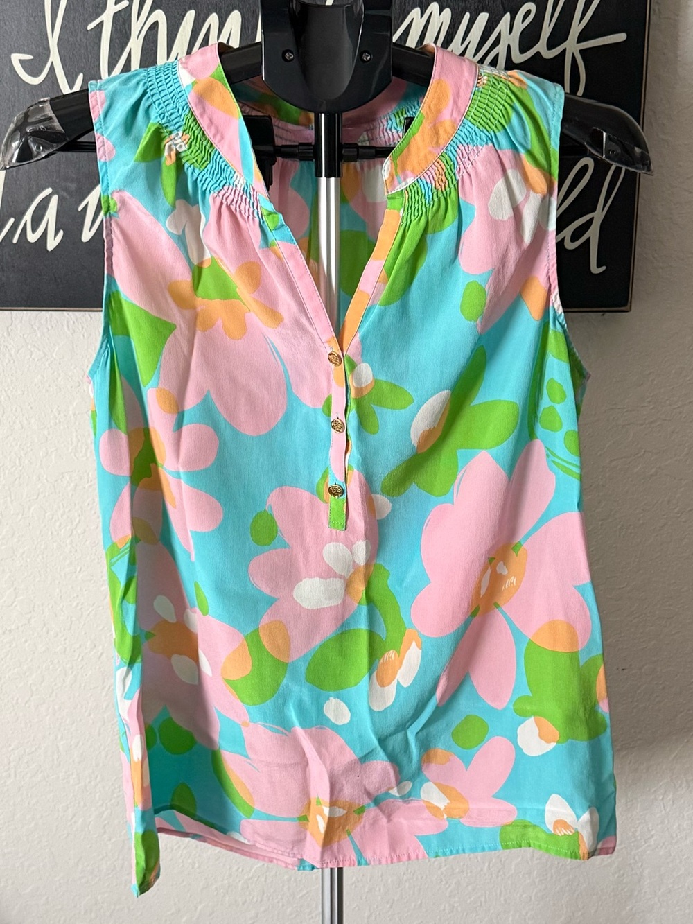 Lilly Pulitzer Pink & Aqua Floral Sleeveless Silk Top